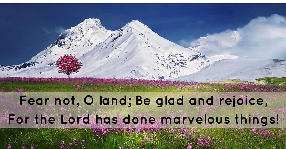 Fear not, O land; Be glad and rejoice, For the Lord has done marvelous things!